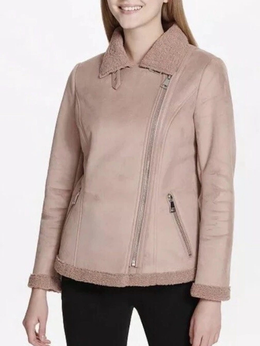 Calvin Klein Faux Shearling Suede Fur Jacket Blush Coat